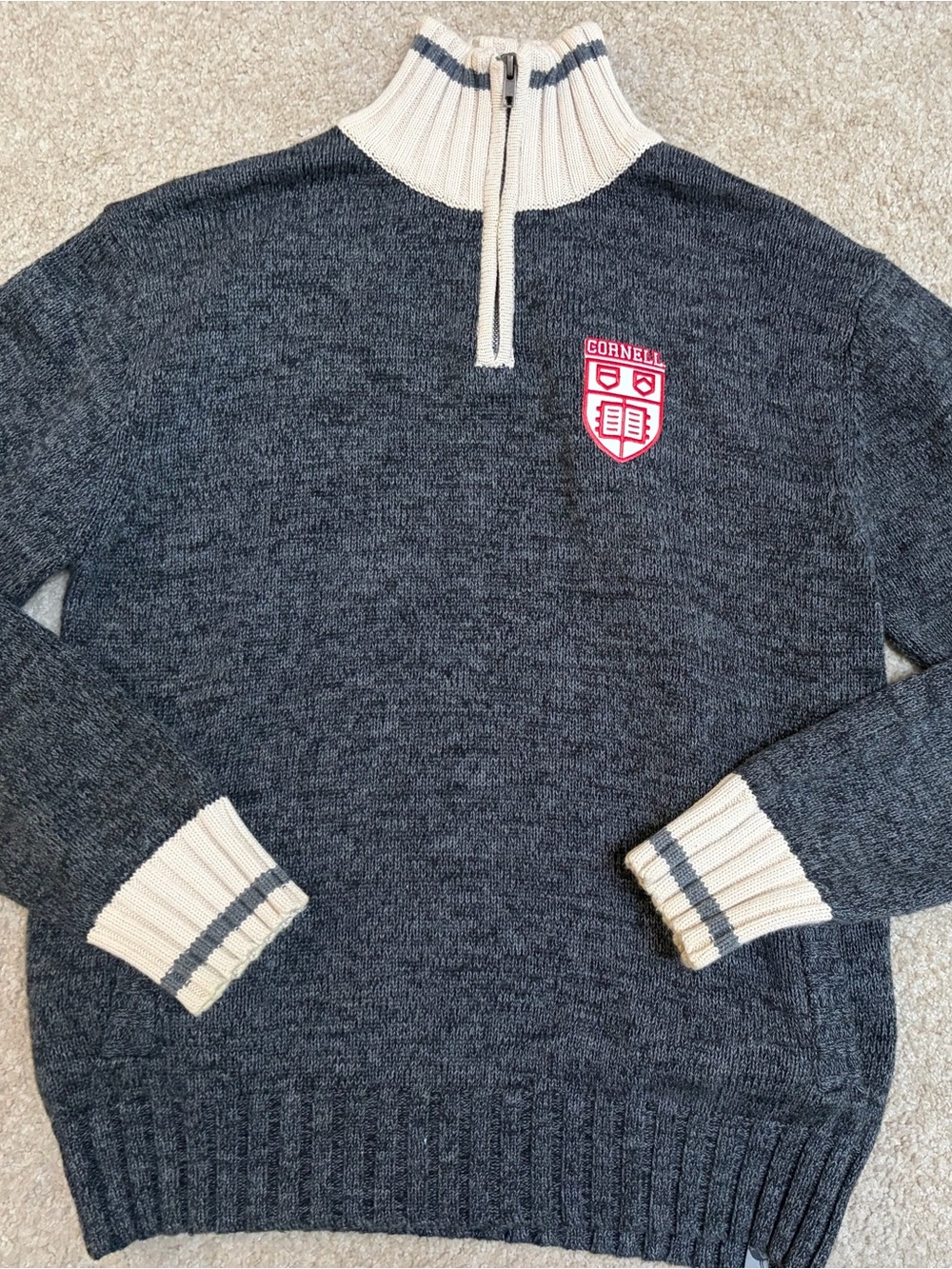 Women's Charcoal Knit Half-Zip Sweater with Cream Trim